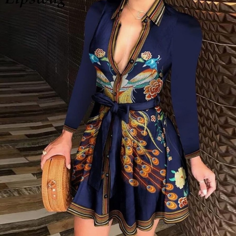 CBR Peacock Print Shirt Dress Button Dress Sz M Women